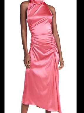 A.L.C. Pink Satin Halter Ruched Midi Dress